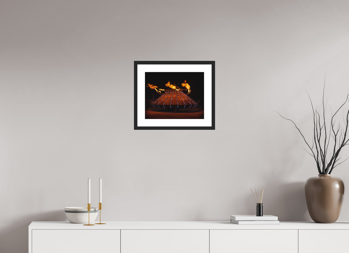 15 x 12″, Solid 0.8" Black Wood Frame With 2" Natural White Passe-Partout with Museum Glass Burning Man - Da Vinci Tank with Flames