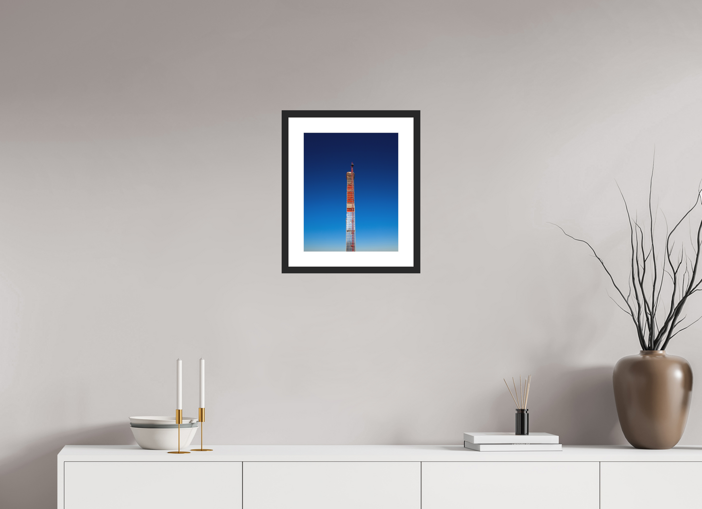 12 x 15″, Solid 0.8" Black Wood Frame With 2" Natural White Passe-Partout with Museum Glass Steinway Tower Under Construction