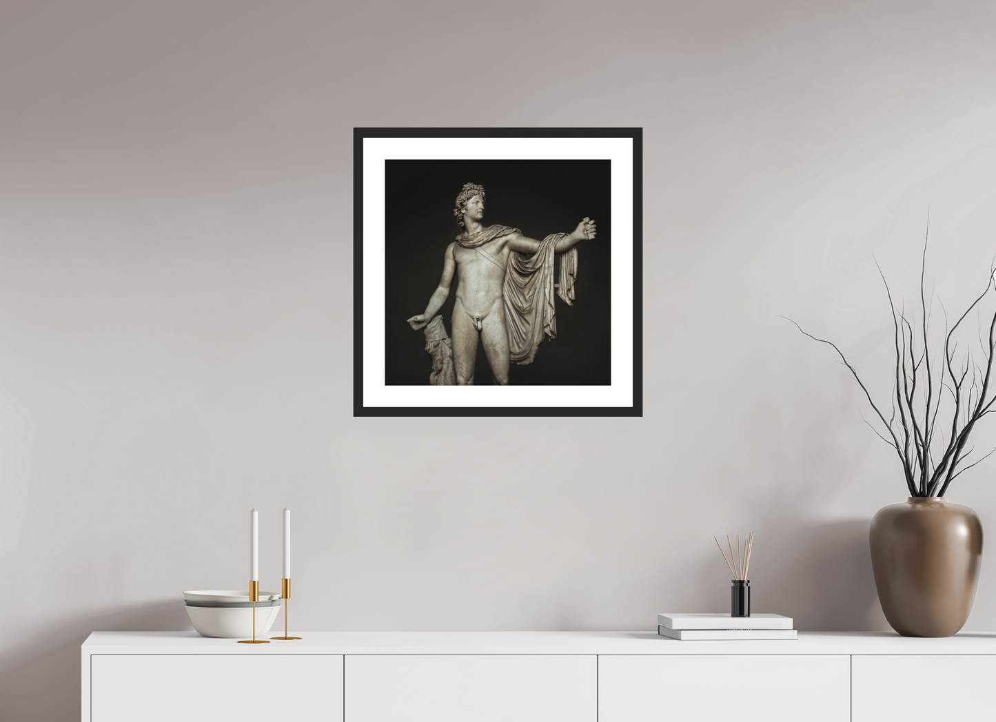 20 x 20″, Solid 0.8" Black Wood Frame With 2" Natural White Passe-Partout with Museum Glass Apollo