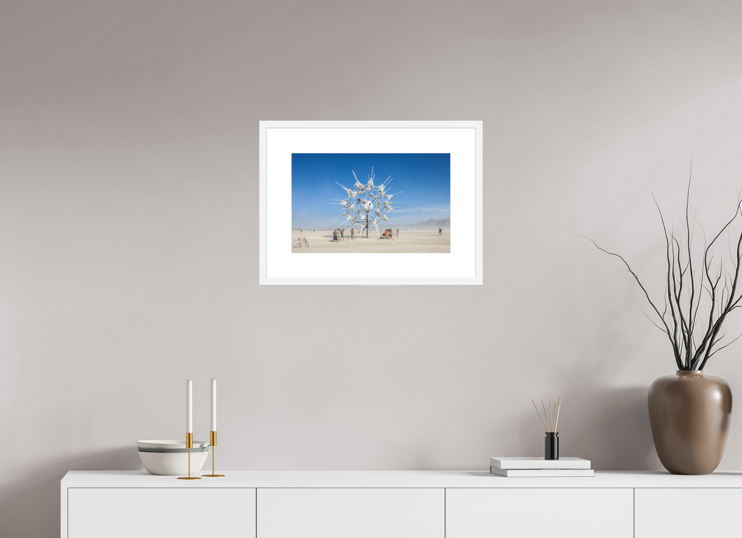 18.9 x 12″, Solid 0.8" White Wood Frame With 3" Natural White Passe-Partout with Museum Glass Burning Man - Gathering at Radia Lumia