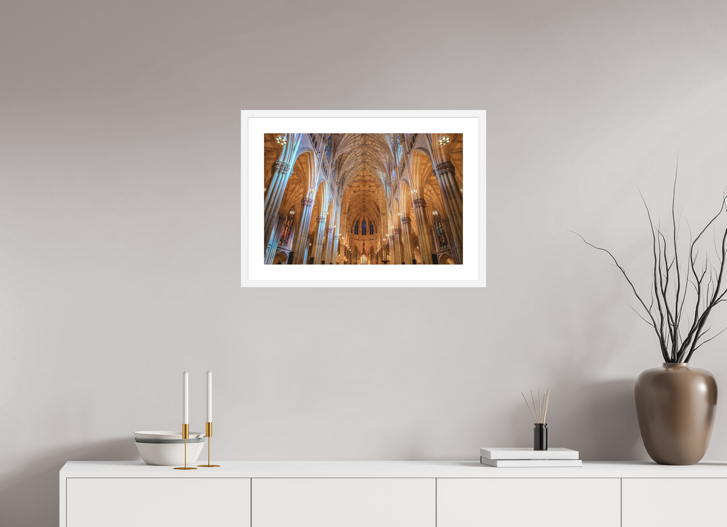 24 x 16″, Solid 0.8" White Wood Frame With 2" Natural White Passe-Partout with Museum Glass St. Patrick's Cathedral