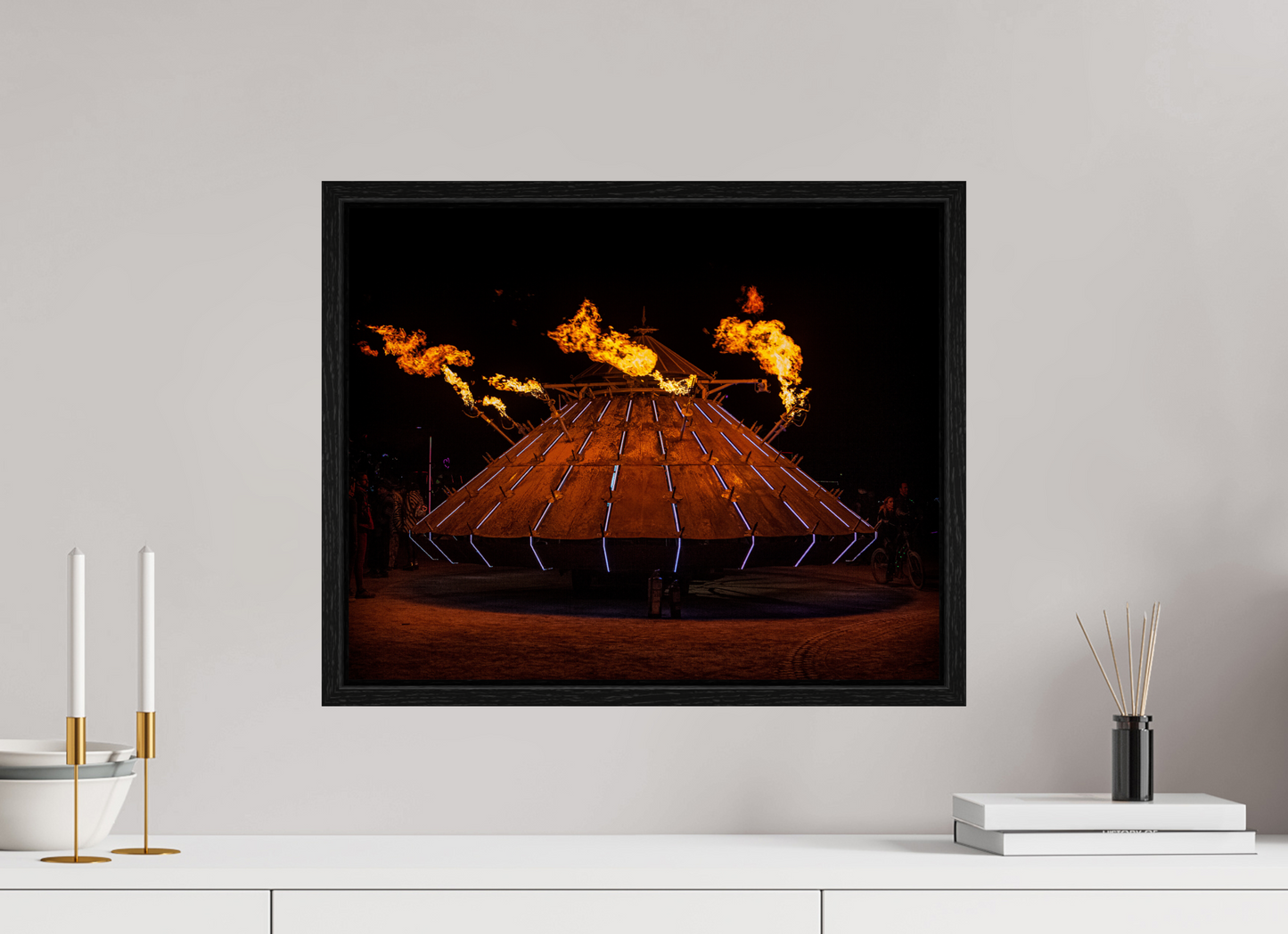 20 x 16″, Floater Frame Burning Man - Da Vinci Tank with Flames