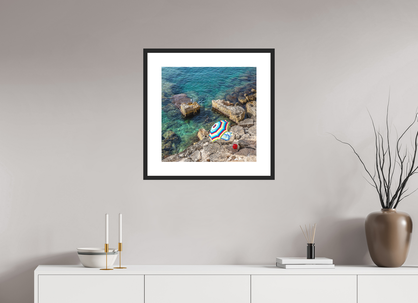 20 x 20″, Solid 0.8" Black Wood Frame With 3" Natural White Passe-Partout with Museum Glass Monopoli Beach