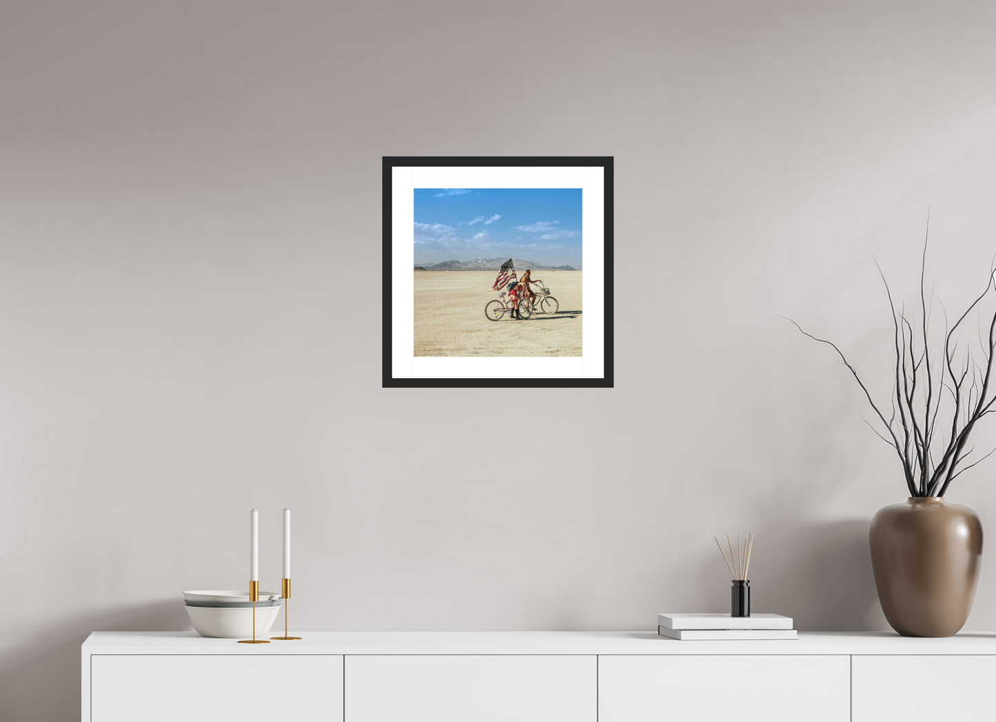 15 x 15″, Solid 0.8" Black Wood Frame With 2" Natural White Passe-Partout with Museum Glass Burning Man - Two with Bikes and USA Flag (square format)