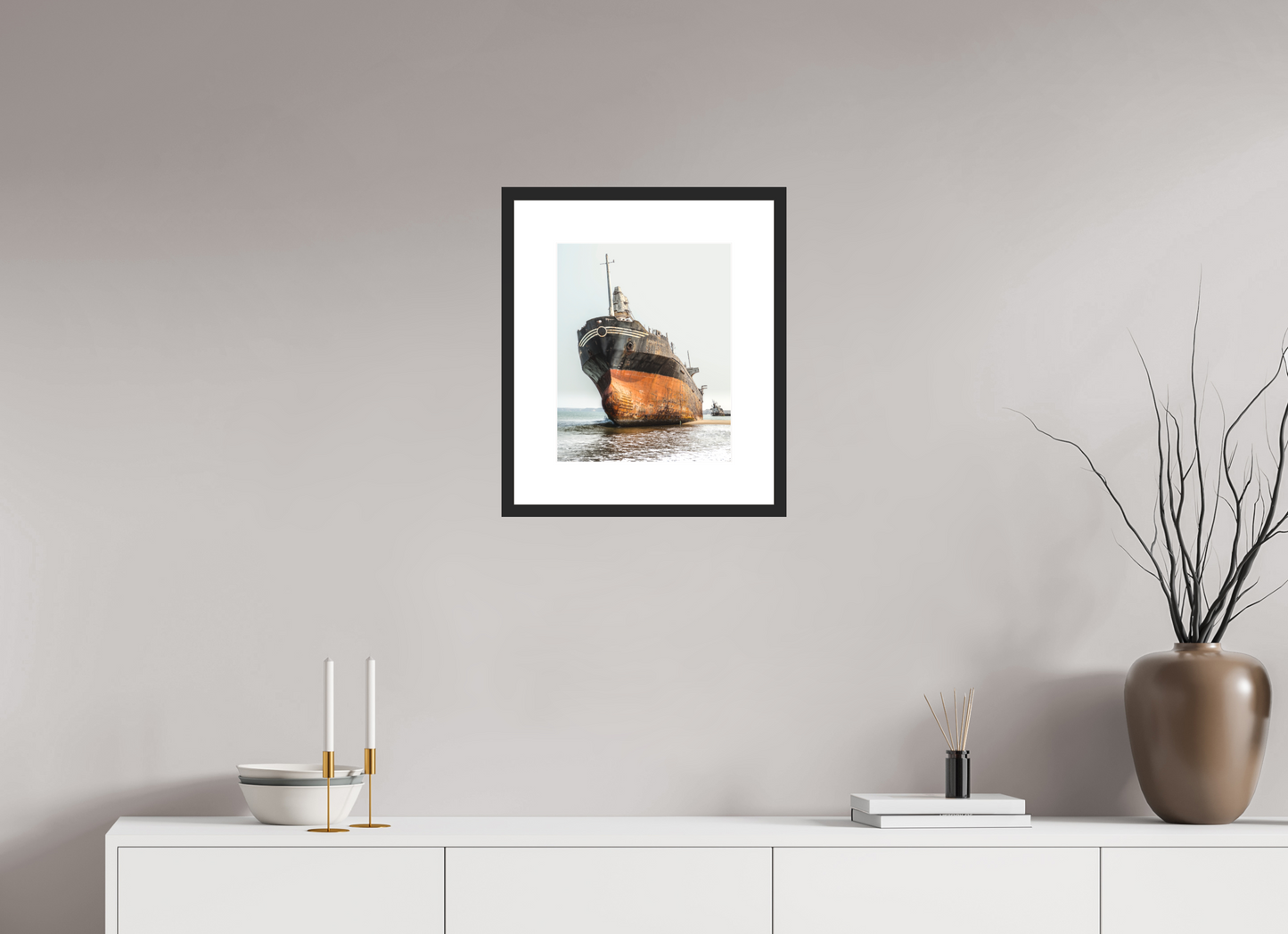 12 x 15″, Solid 0.8" Black Wood Frame With 3" Natural White Passe-Partout with Museum Glass Grounded Ship Angola