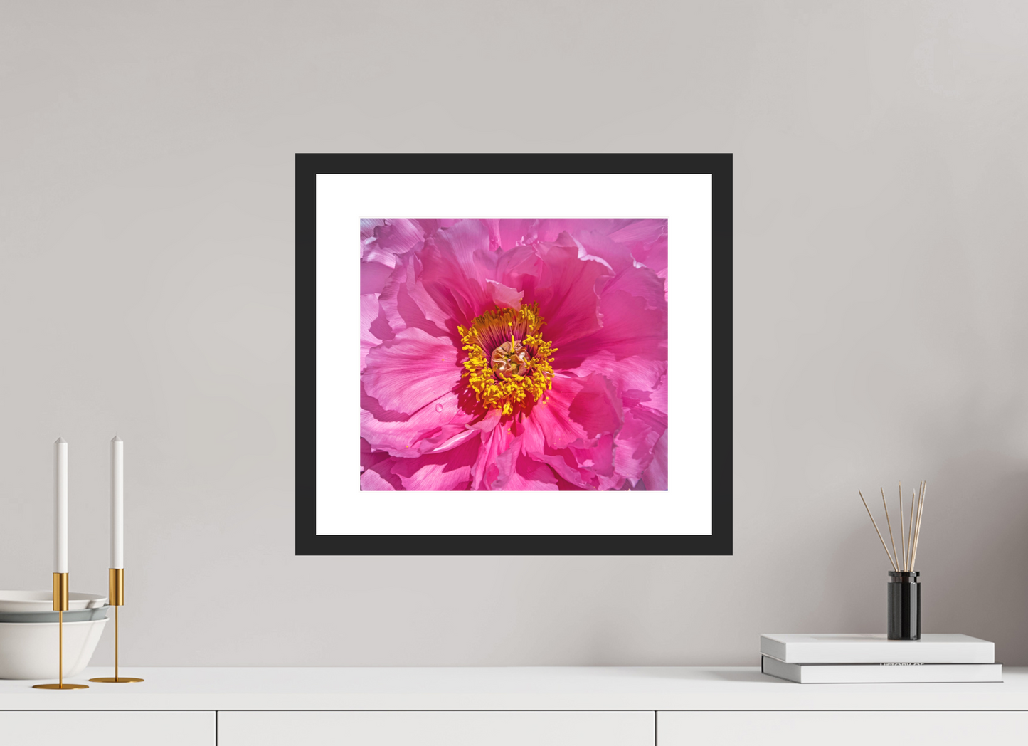 13.5 x 12″, Solid 0.8" Black Wood Frame With 2" Natural White Passe-Partout with Museum Glass Pink Flower