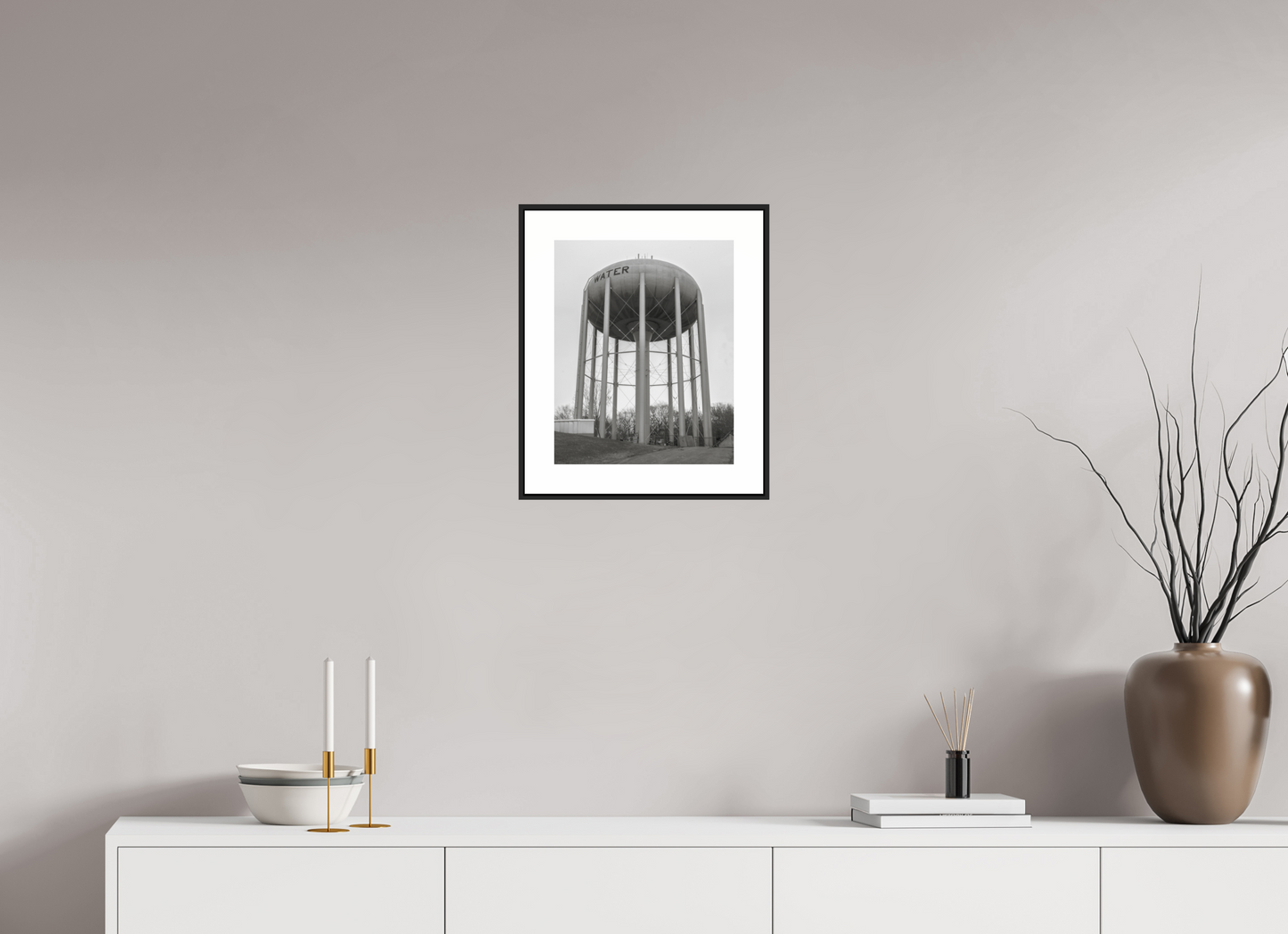 12 x 15″, Black Matte Frame Grey Water Tower