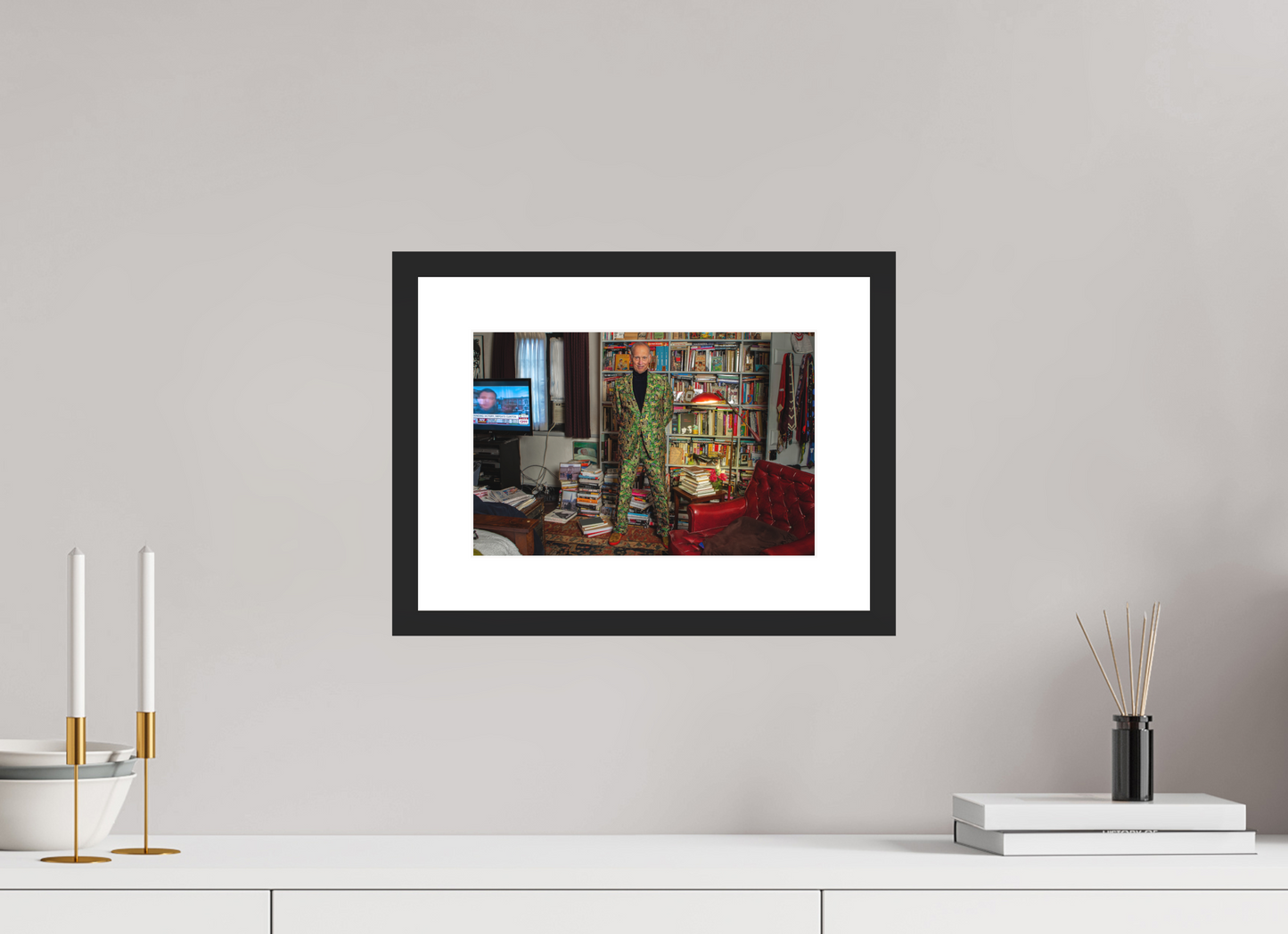 12 x 8″, Solid 0.8" Black Wood Frame With 2" Natural White Passe-Partout with Museum Glass Director John Waters in his Bedroom with TV
