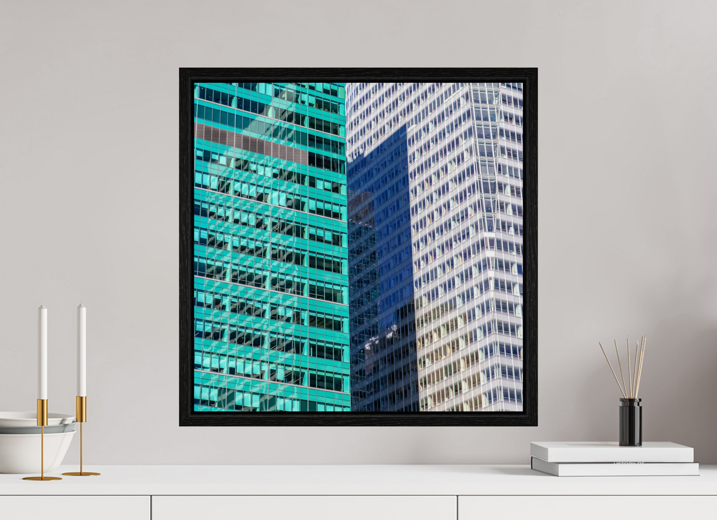 20 x 20″, Floater Frame Green and White Office Buildings