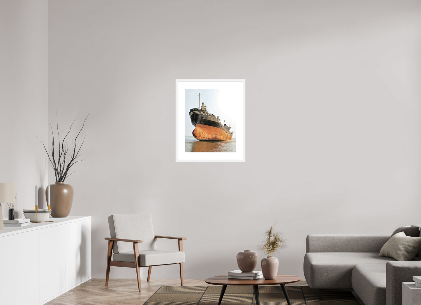 20 x 25″, Solid 0.8" White Wood Frame With 3" Natural White Passe-Partout with Museum Glass Beached Ship Angola