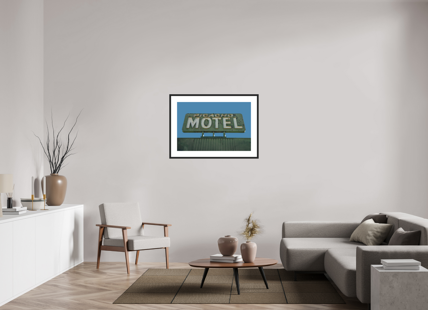 36 x 24″, Solid 0.8" Black Wood Frame With 3" Natural White Passe-Partout with Museum Glass Picacho Motel Sign