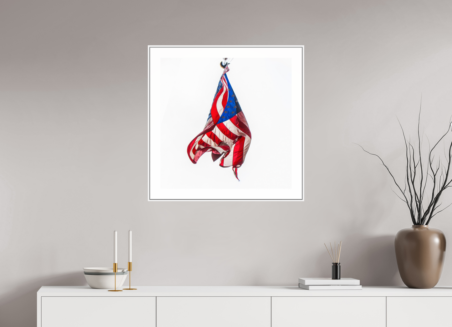 25 x 25″, White Matte Frame Crumpled USA Flag