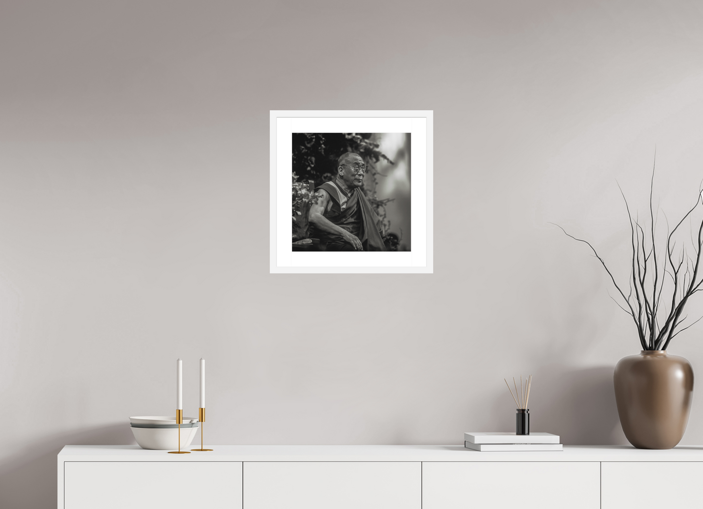 15 x 15″, Solid 0.8" White Wood Frame With 2" Natural White Passe-Partout with Museum Glass His Holiness the Dalai Lama