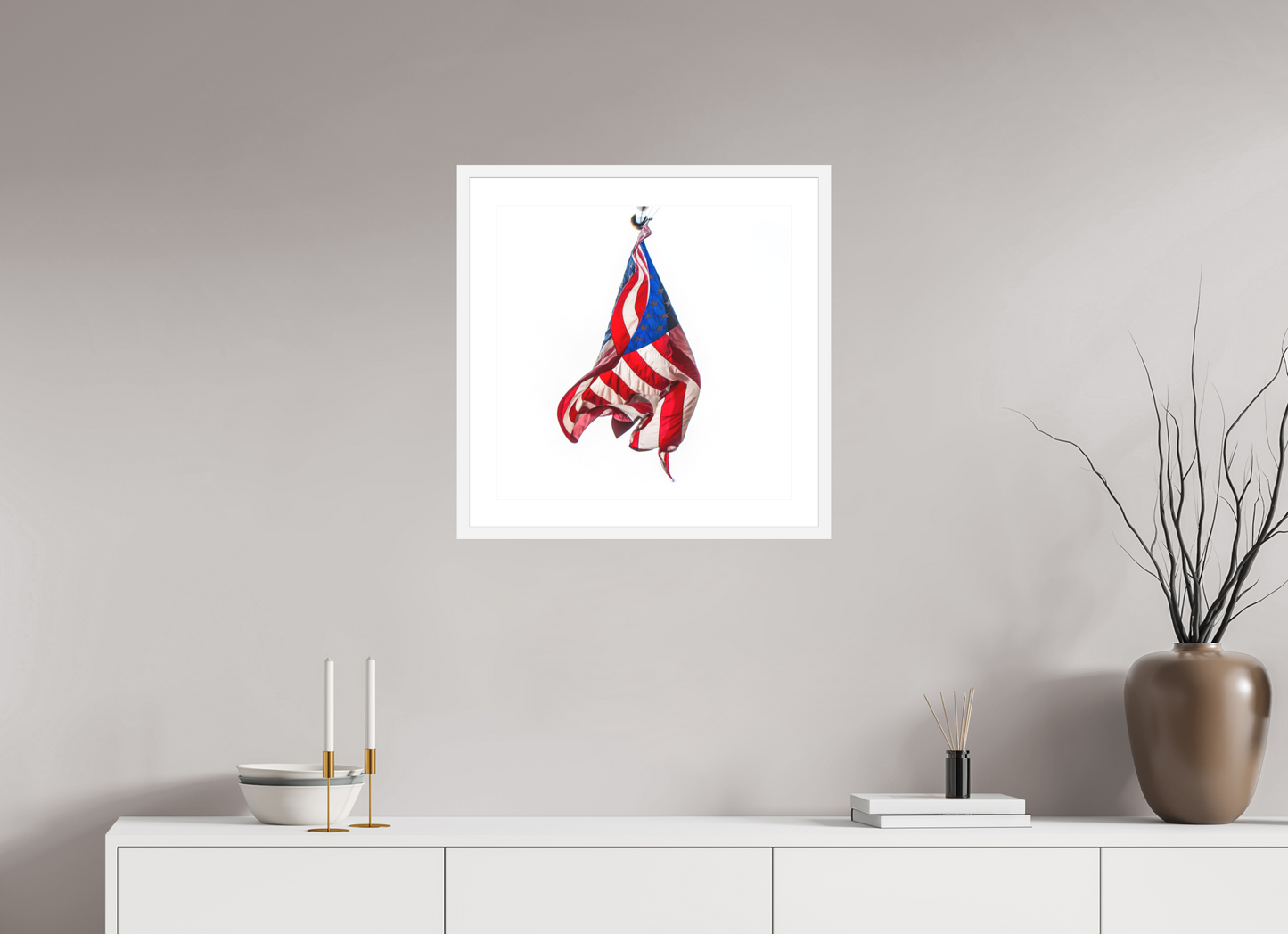 20 x 20″, Solid 0.8" White Wood Frame With 2" Natural White Passe-Partout with Museum Glass Crumpled USA Flag