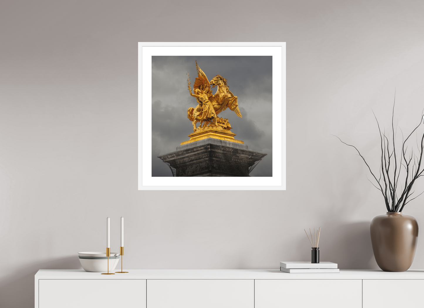 25 x 25″, Solid 0.8" White Wood Frame With 2" Natural White Passe-Partout with Museum Glass Pegasus and Fame Sculpture