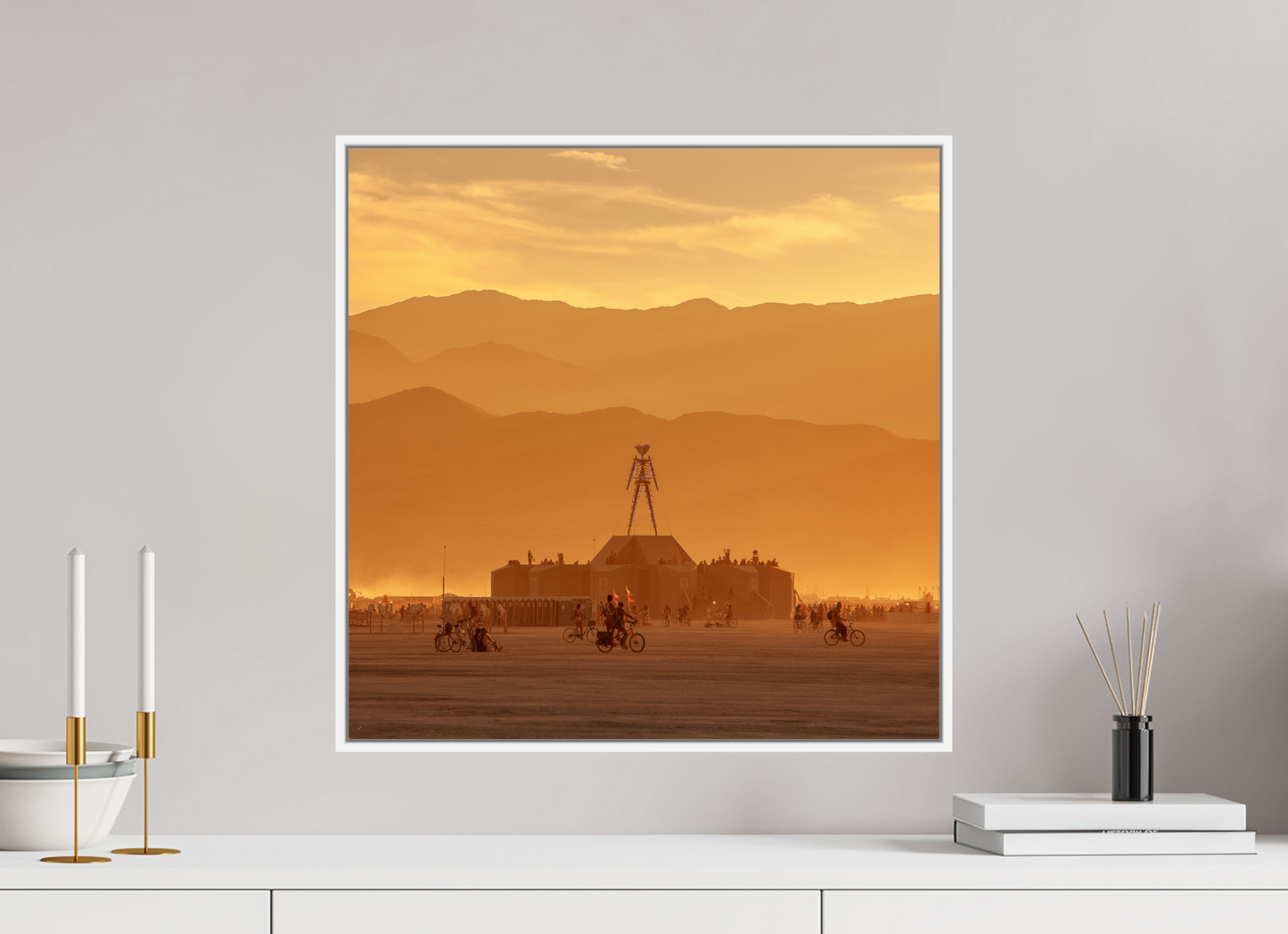 20 x 20″, White Matte Frame, No Border Burning Man with Mountains