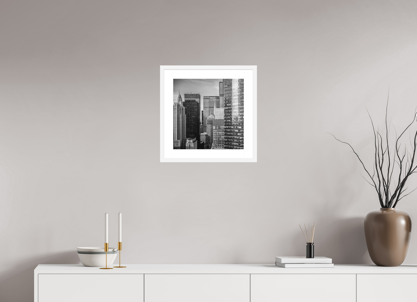 15 x 15″, Solid 0.8" White Wood Frame With 2" Natural White Passe-Partout with Museum Glass Midtown New York City