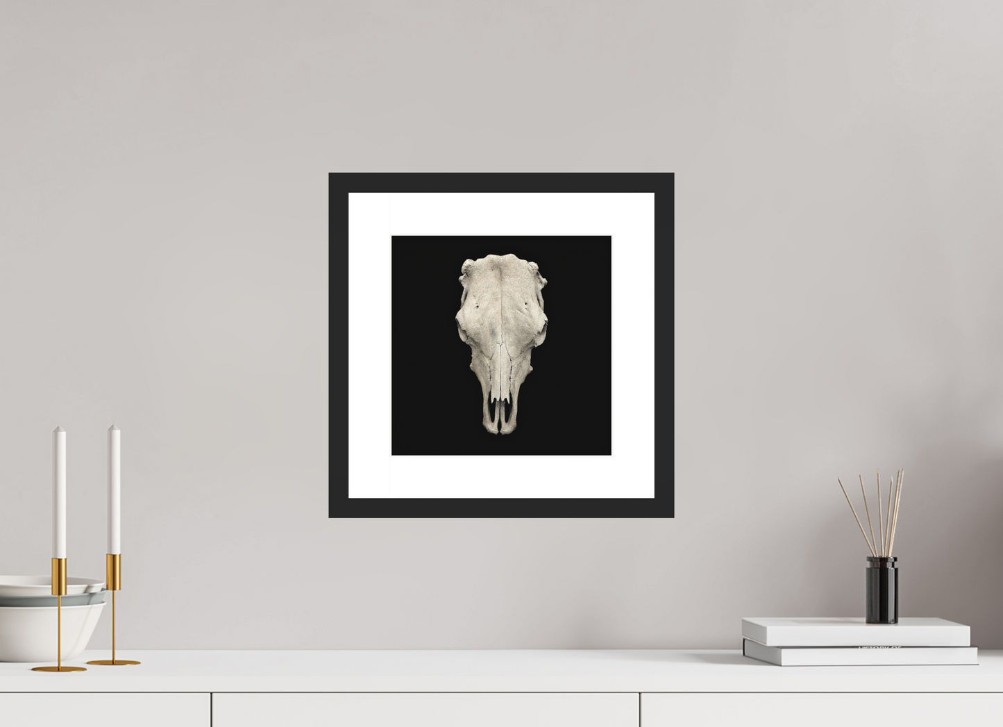 10 x 10″, Solid 0.8" Black Wood Frame With 2" Natural White Passe-Partout with Museum Glass Cow Skull