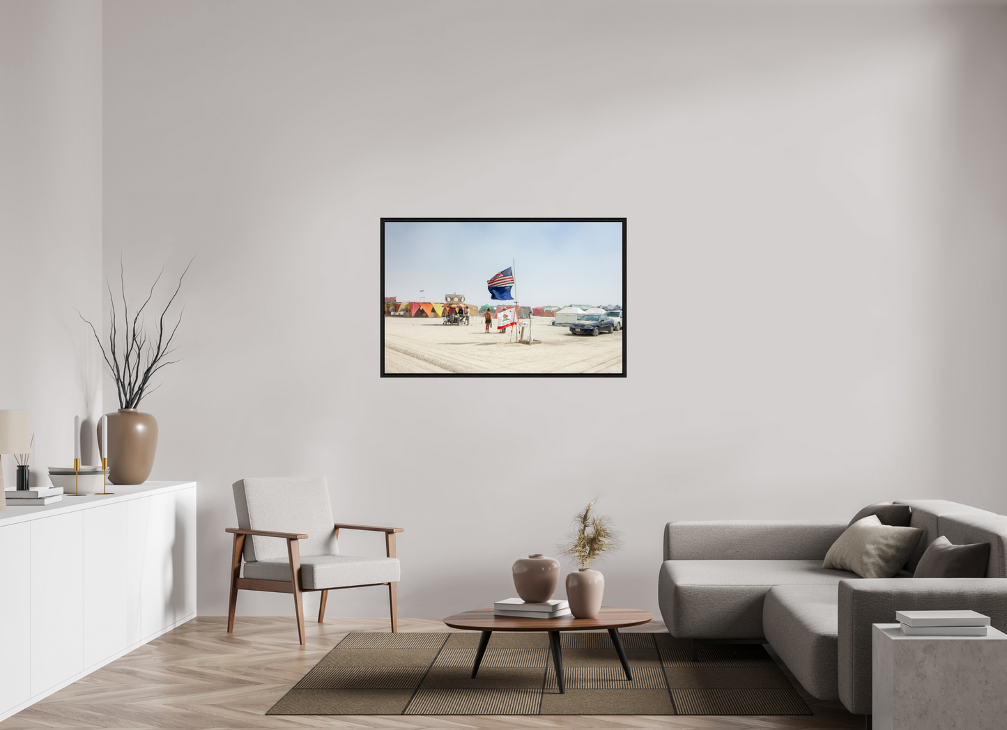 48.7 x 31″, Floater Frame Burning Man - Woman and Flags