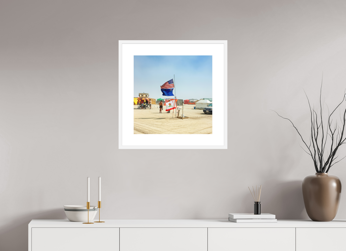 20 x 20″, Solid 0.8" White Wood Frame With 3" Natural White Passe-Partout with Museum Glass Burning Man - Woman with Flags (square format)