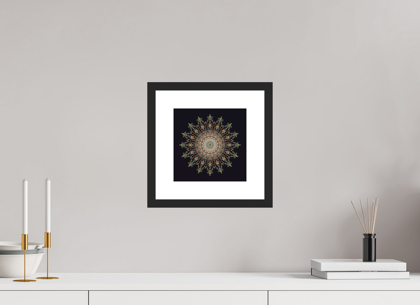 8 x 8″, Solid 0.8" Black Wood Frame With 2" Natural White Passe-Partout with Museum Glass Water Mandala No. 4092