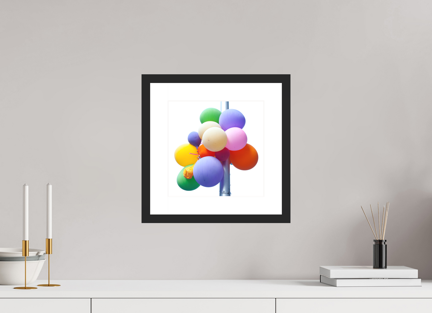 10 x 10″, Solid 0.8" Black Wood Frame With 2" Natural White Passe-Partout with Museum Glass Colorful Ballons Tied to a Lamp Post