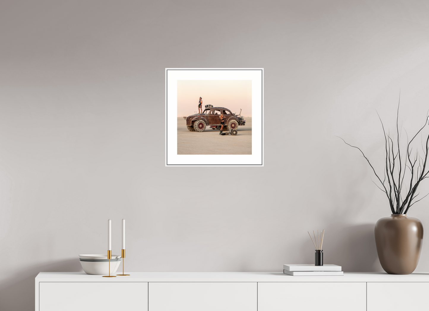 15 x 15″, White Matte Frame Burning Man - Art Car Large VW