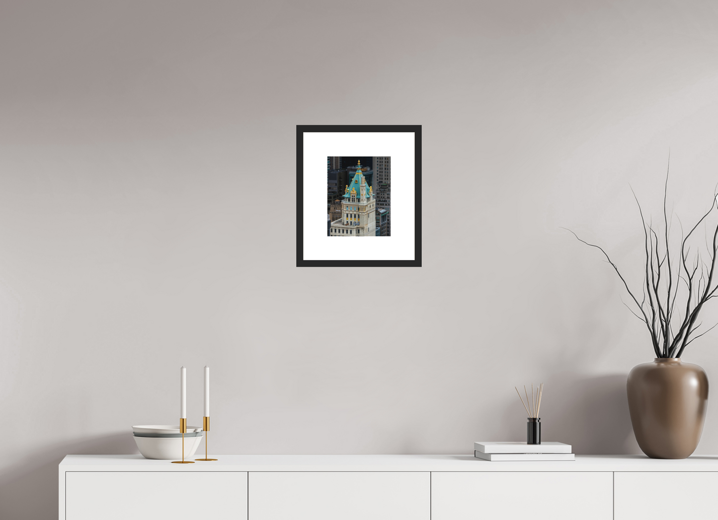 8 x 10″, Solid 0.8" Black Wood Frame With 3" Natural White Passe-Partout with Museum Glass The Heckscher Building