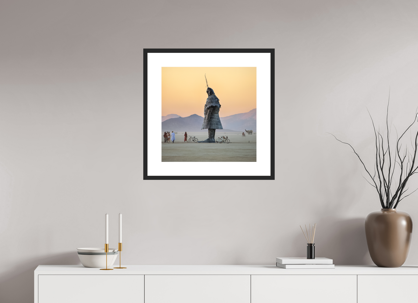 20 x 20″, Solid 0.8" Black Wood Frame With 3" Natural White Passe-Partout with Museum Glass Burning Man - The Samurai with Admirer (square format)