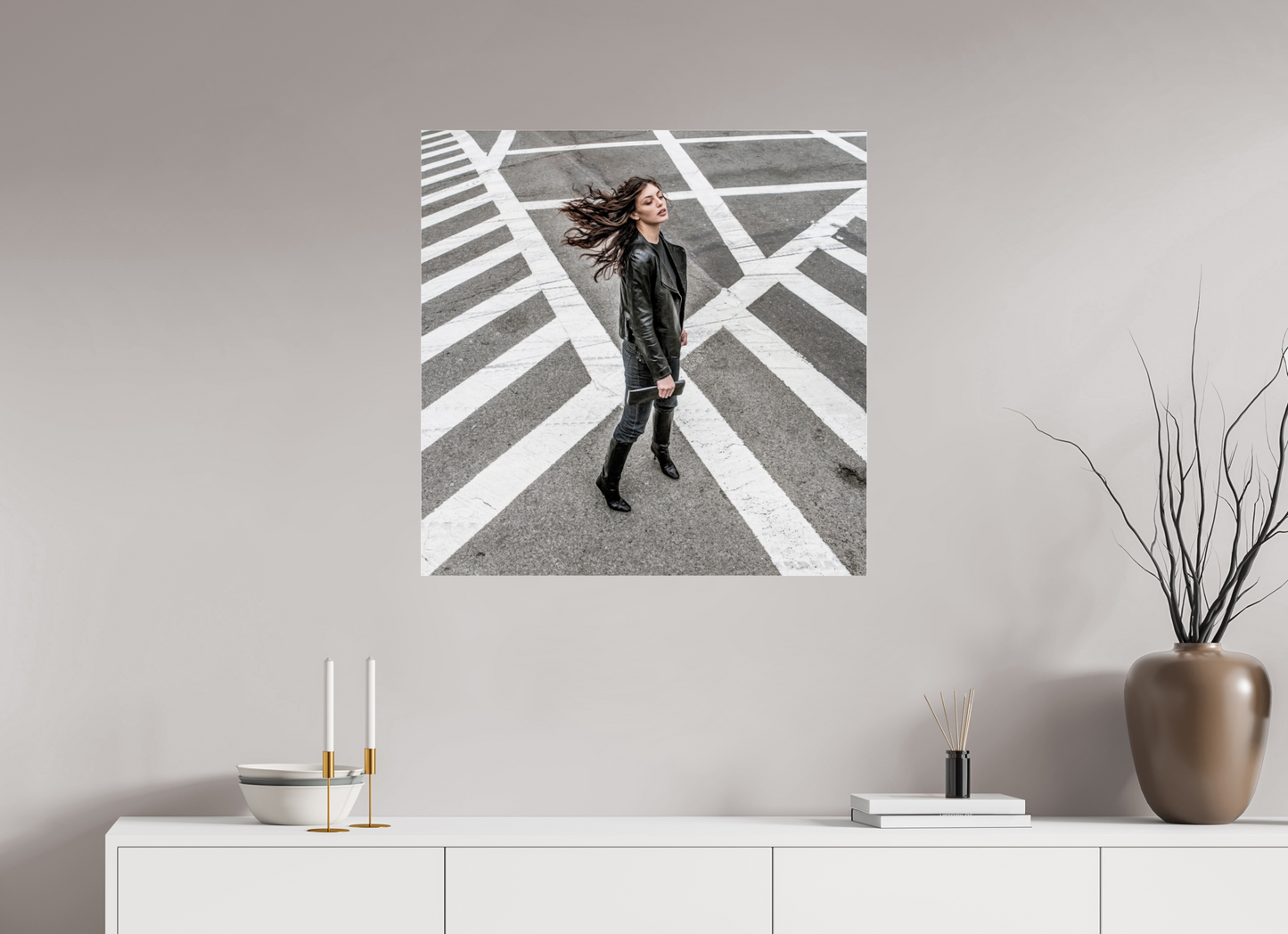 30 x 30″, Frameless Acrylic Glass Woman at Crosswalk