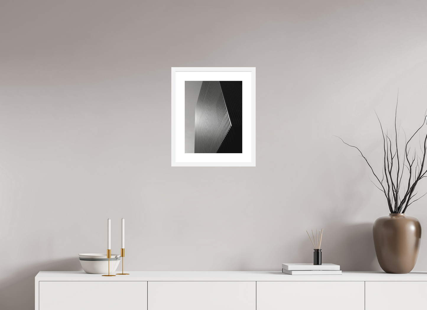 12 x 15″, Solid 0.8" White Wood Frame With 2" Natural White Passe-Partout with Museum Glass Architectural Facade