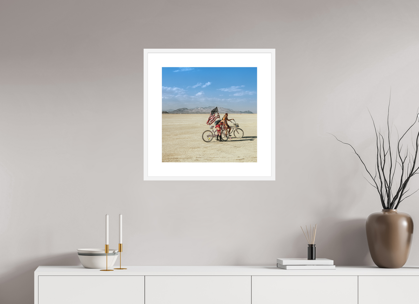 20 x 20″, Solid 0.8" White Wood Frame With 3" Natural White Passe-Partout with Museum Glass Burning Man - Two with Bikes and USA Flag (square format)
