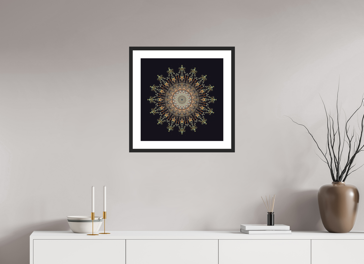 20 x 20″, Solid 0.8" Black Wood Frame With 2" Natural White Passe-Partout with Museum Glass Water Mandala No. 4092