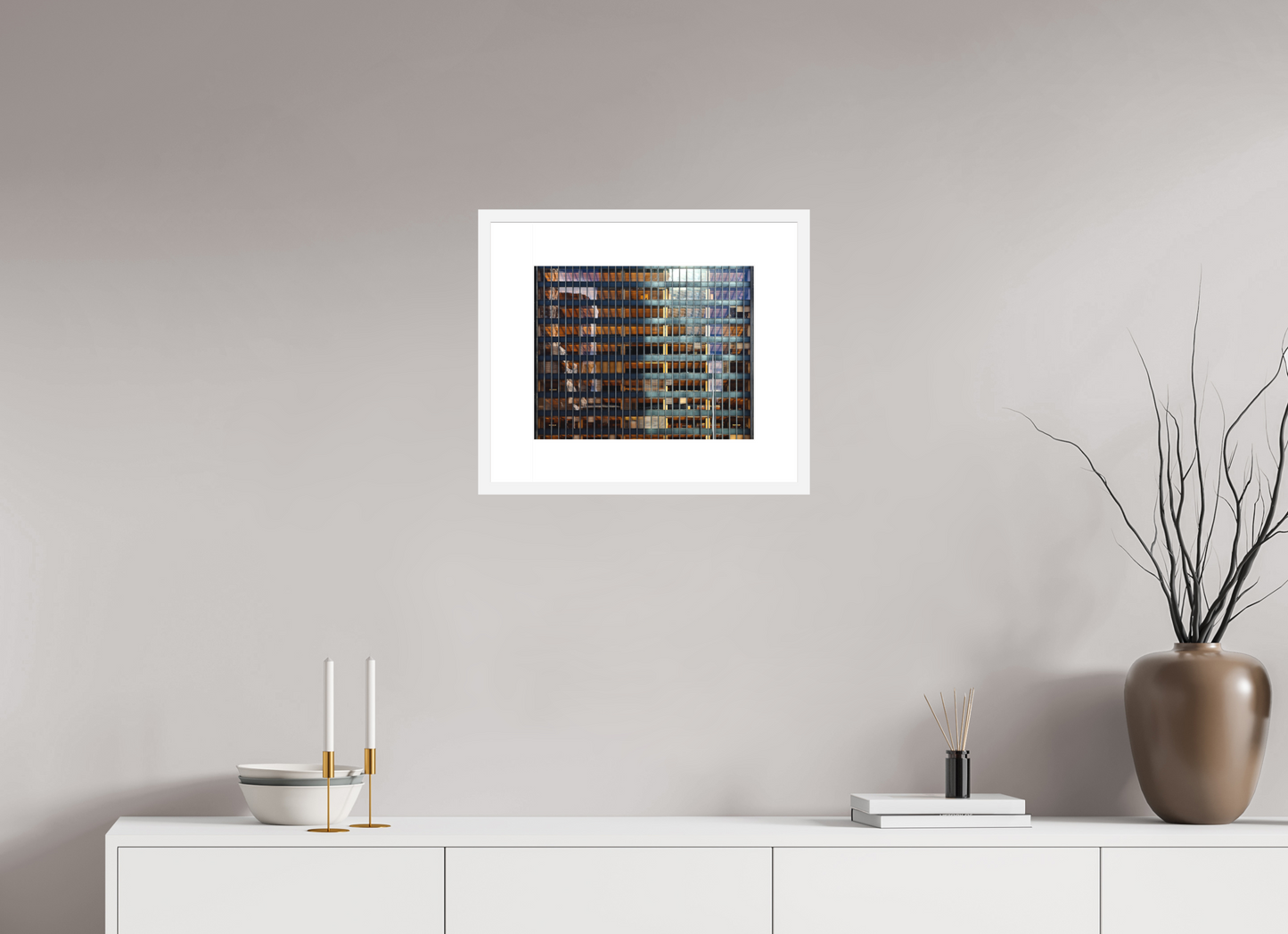 15.1 x 12″, Solid 0.8" White Wood Frame With 3" Natural White Passe-Partout with Museum Glass Seagram Building