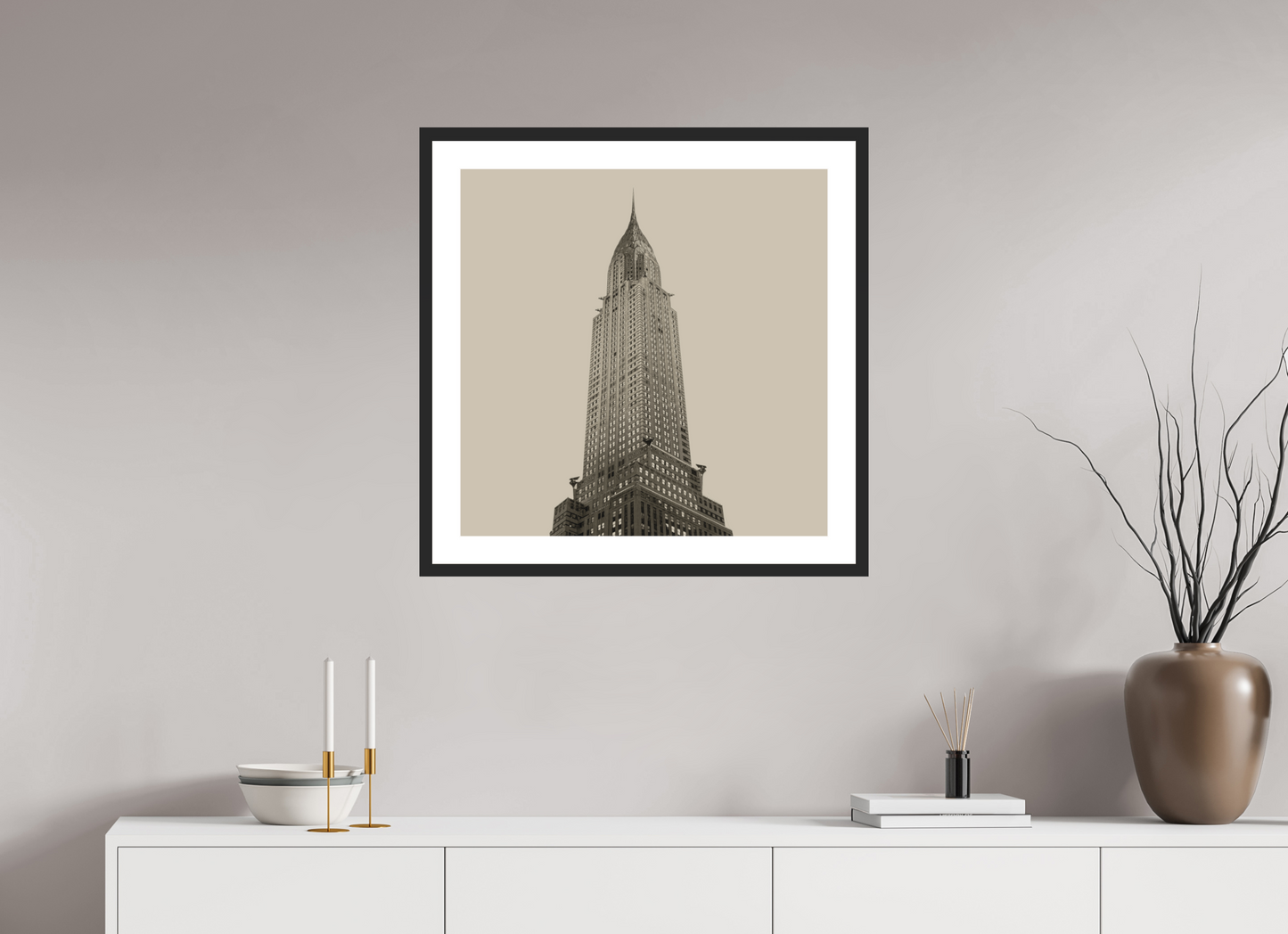 25 x 25″, Solid 0.8" Black Wood Frame With 2" Natural White Passe-Partout with Museum Glass Chrysler Building, NY