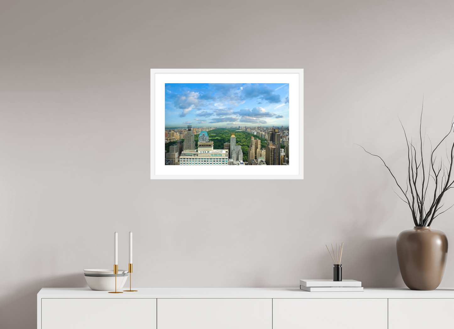 24 x 16″, Solid 0.8" White Wood Frame With 2" Natural White Passe-Partout with Museum Glass Central Park