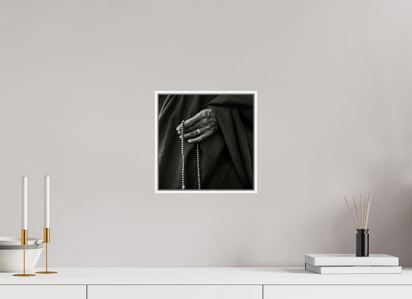 10 x 10″, White Matte Frame, No Border Tibetan Monk Hand with Prayer Beads