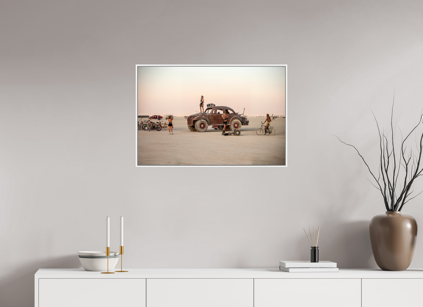 30 x 20″, White Matte Frame, No Border Burning Man - Art Car Large VW FF