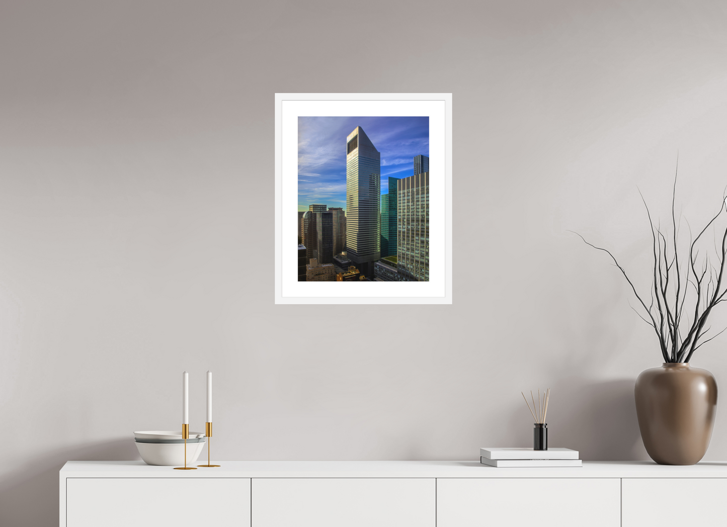 16 x 20″, Solid 0.8" White Wood Frame With 2" Natural White Passe-Partout with Museum Glass CitiCorp Tower
