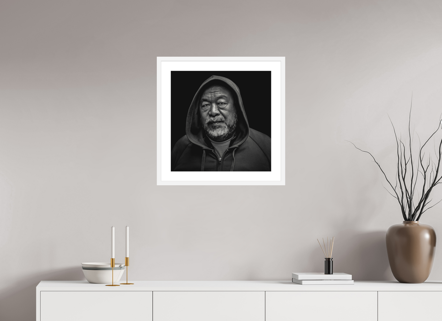 20 x 20″, Solid 0.8" White Wood Frame With 2" Natural White Passe-Partout with Museum Glass Ai WeiWei, Chinese contemporary artist