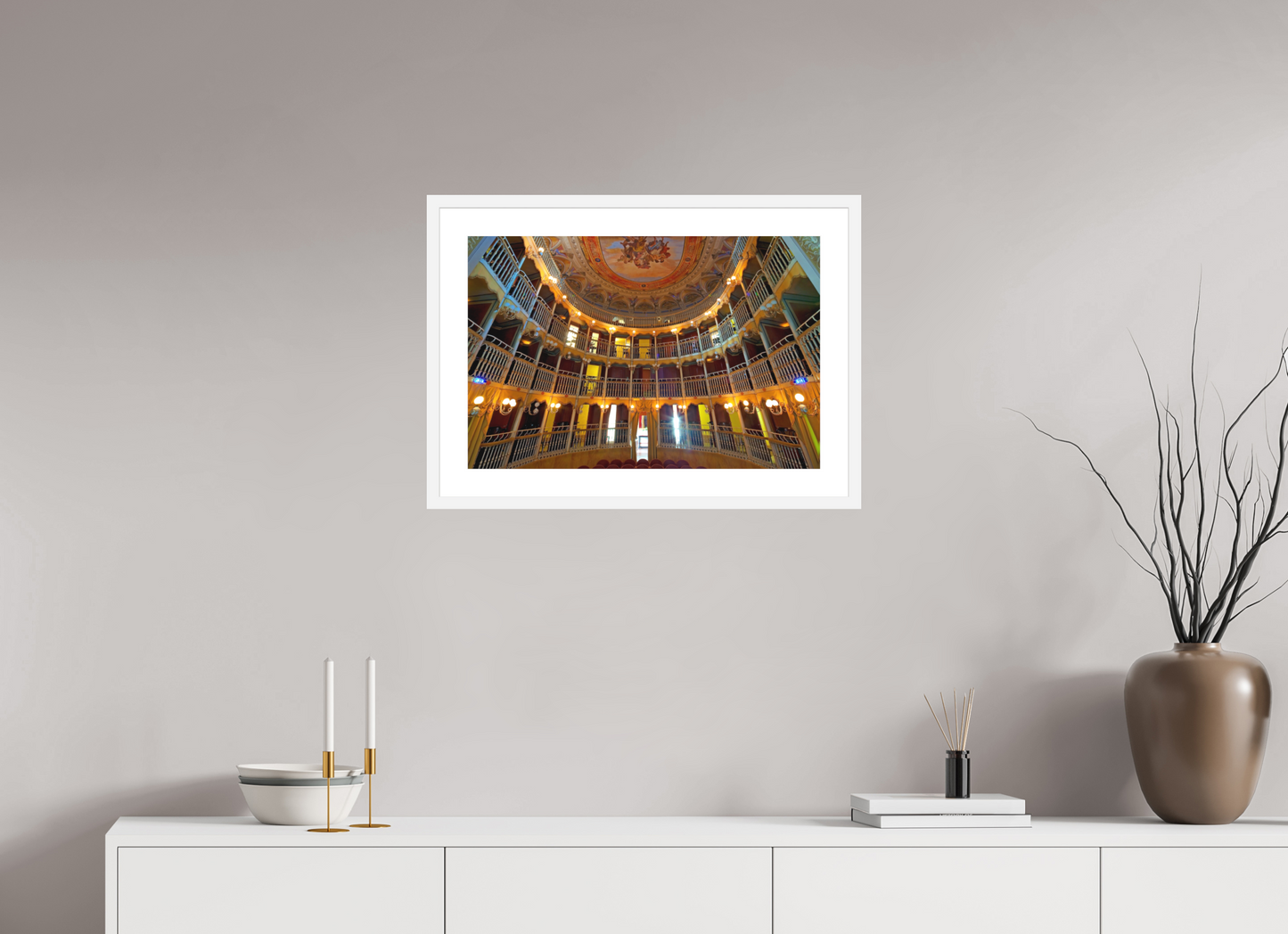 24 x 16″, Solid 0.8" White Wood Frame With 2" Natural White Passe-Partout with Museum Glass Palazzo Dei Consoli Theatre France