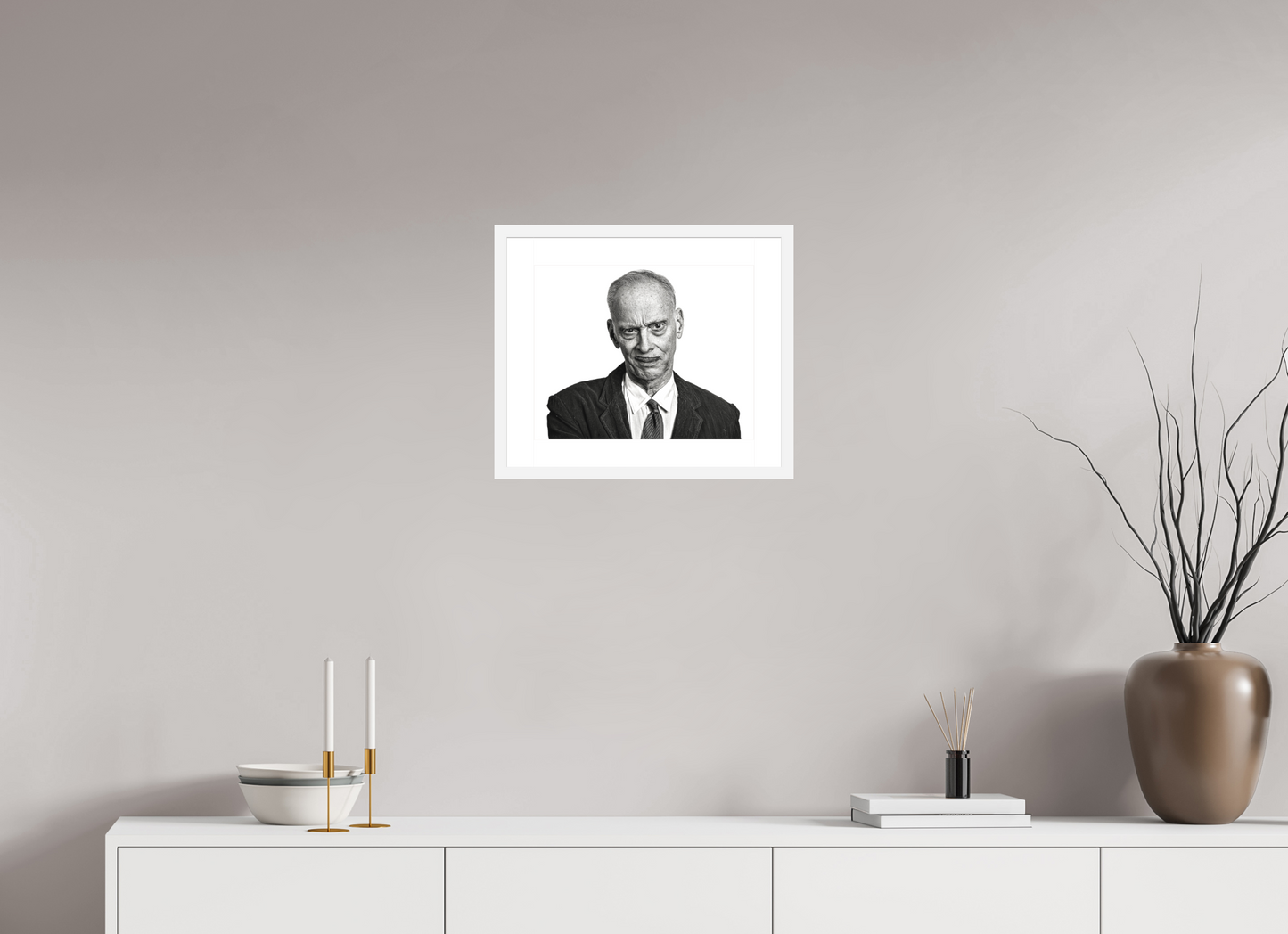 15 x 12″, Solid 0.8" White Wood Frame With 2" Natural White Passe-Partout with Museum Glass Director John Waters Grimacing