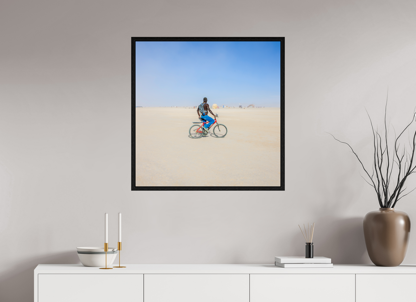 30 x 30″, Floater Frame Burning Man - Man on Red Bike