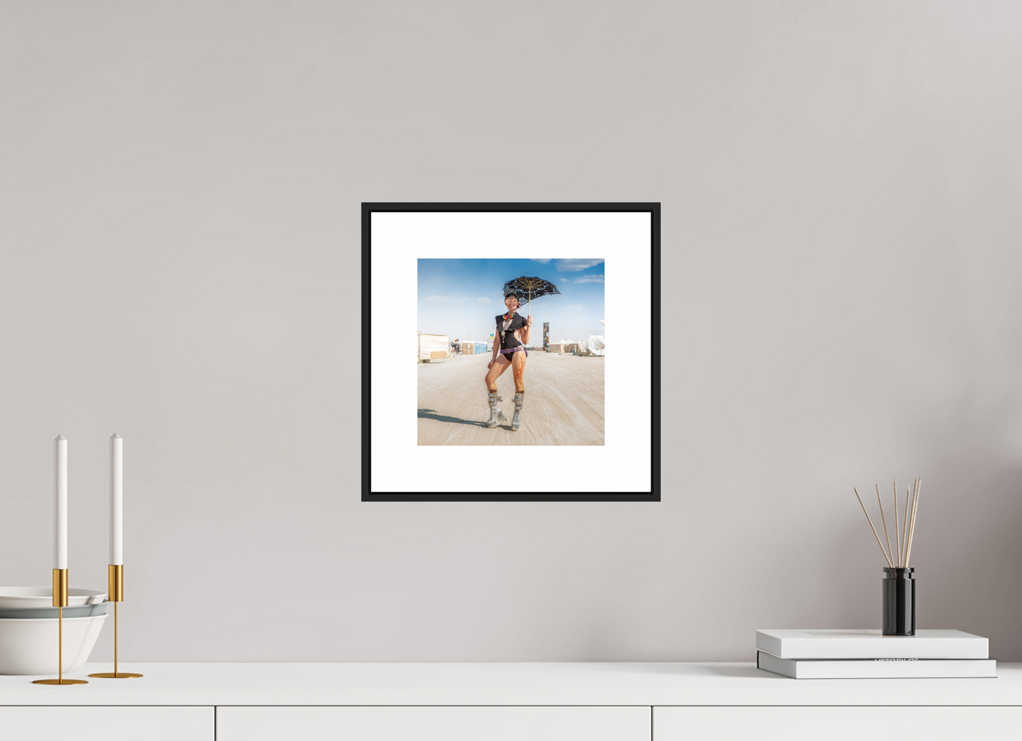 8 x 8″, Black Matte Frame Burning Man - Attendee with Parasol