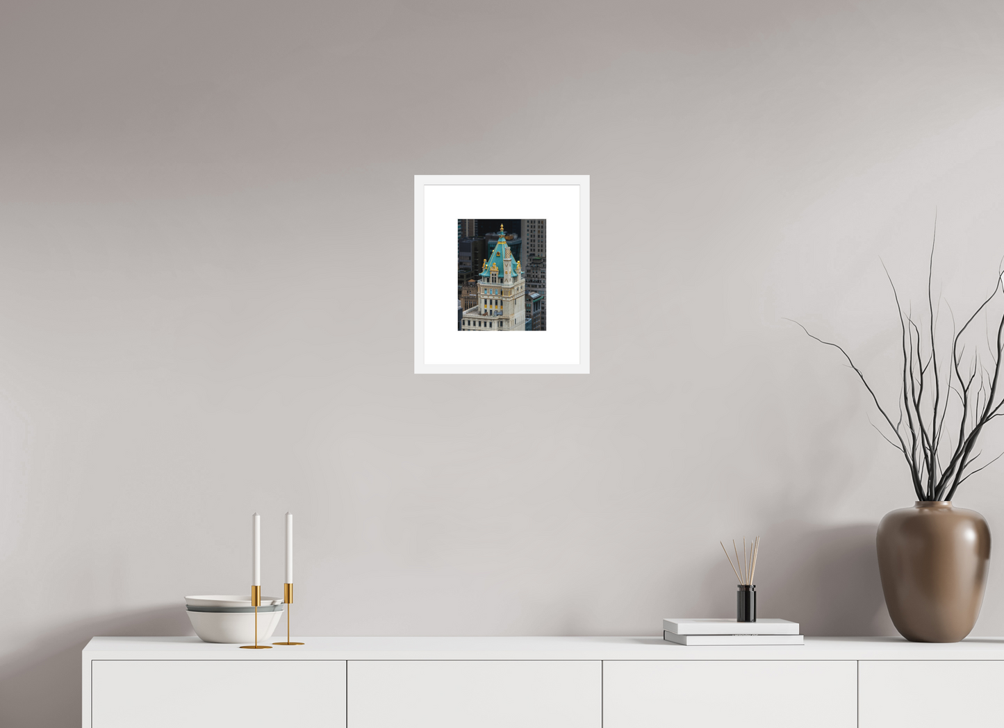 8 x 10″, Solid 0.8" White Wood Frame With 3" Natural White Passe-Partout with Museum Glass The Heckscher Building
