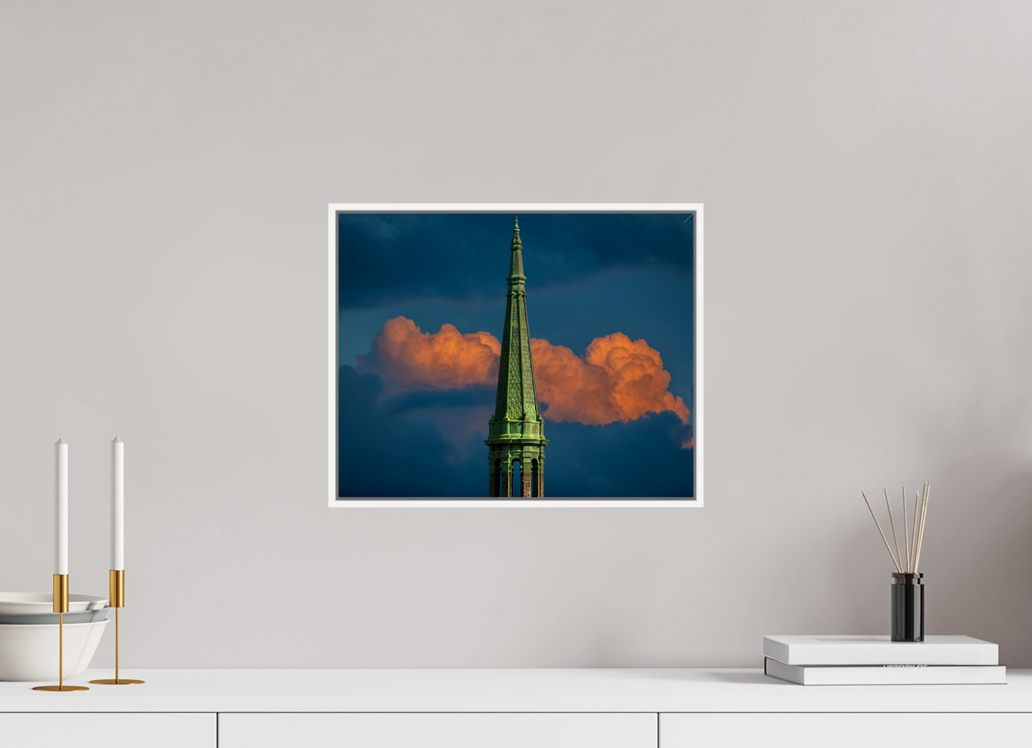 Orange Clouds and Green Tower