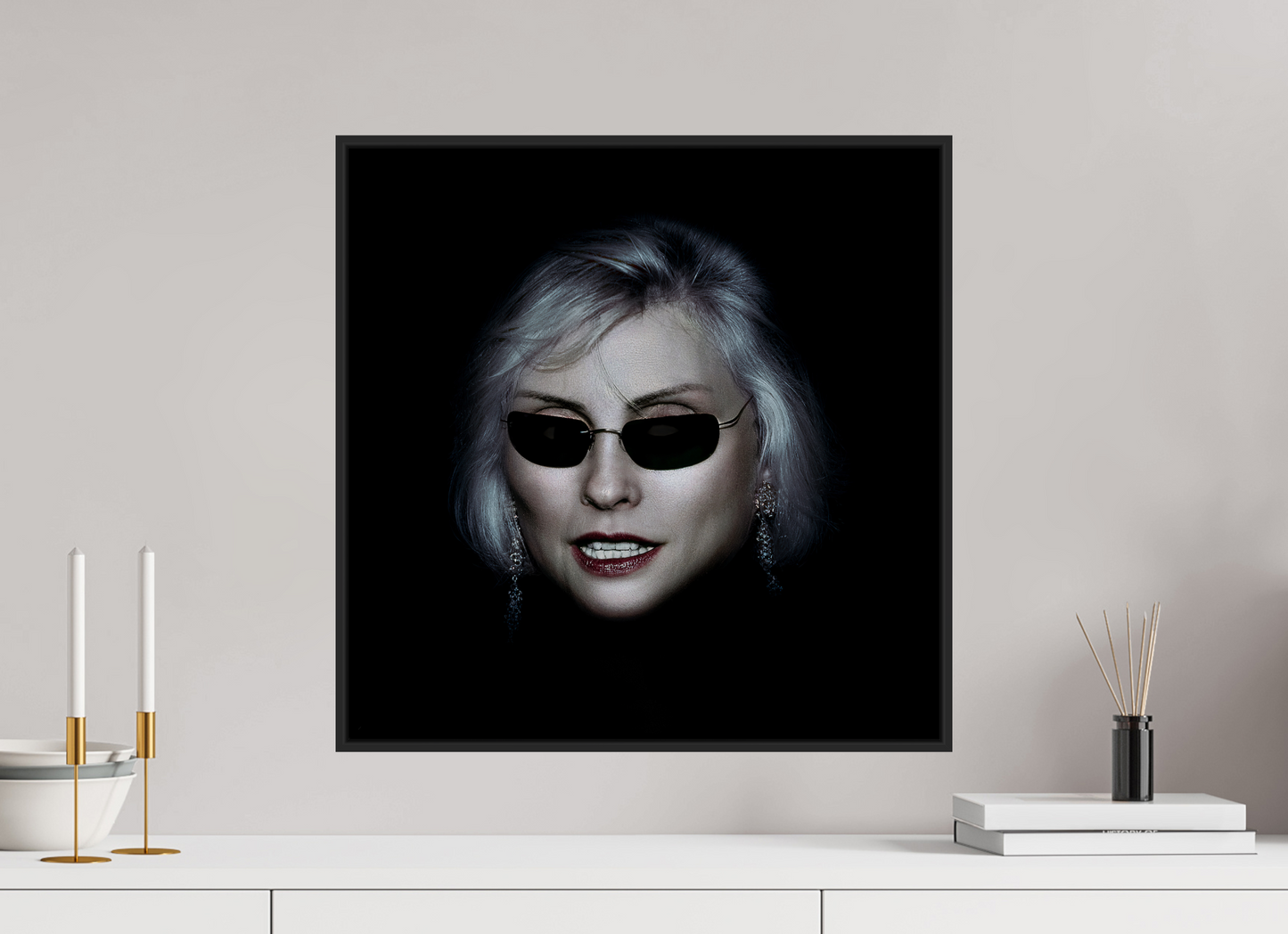 20 x 20″, Black Matte Frame, No Border Debbie Harry Wearing Glasses