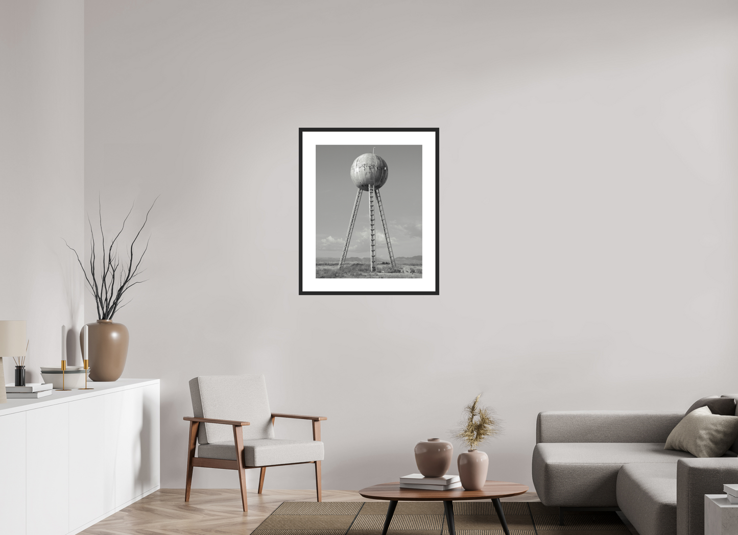 24 x 30″, Solid 0.8" Black Wood Frame With 3" Natural White Passe-Partout with Museum Glass Spherical Water Tower