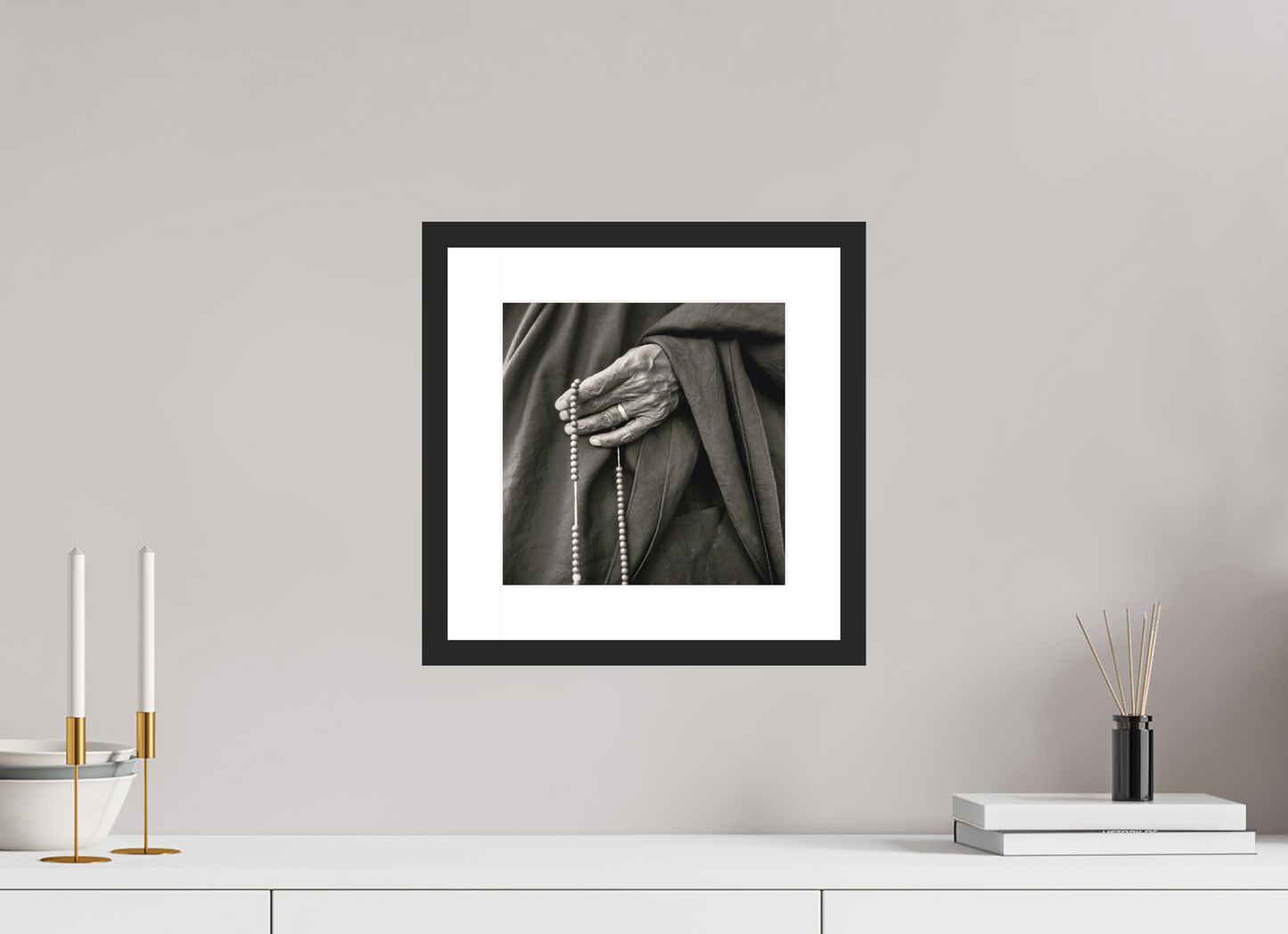 10 x 10″, Solid 0.8" Black Wood Frame With 2" Natural White Passe-Partout with Museum Glass Tibetan Monk Hand with Prayer Beads, Tibet