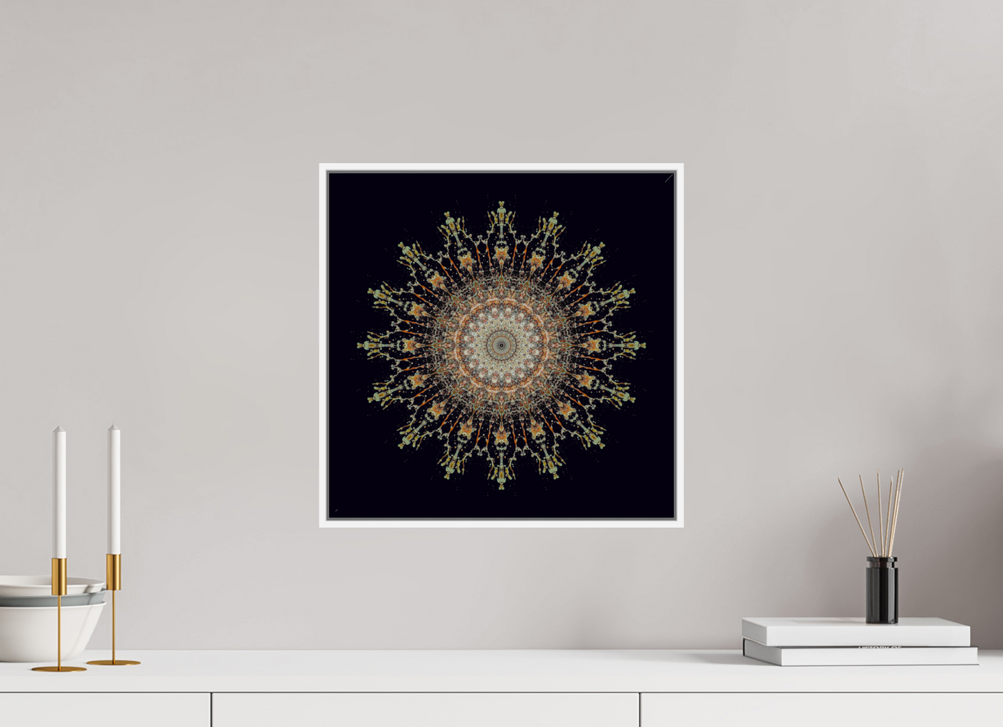 15 x 15″, White Matte Frame, No Border Water Mandala No. 4092